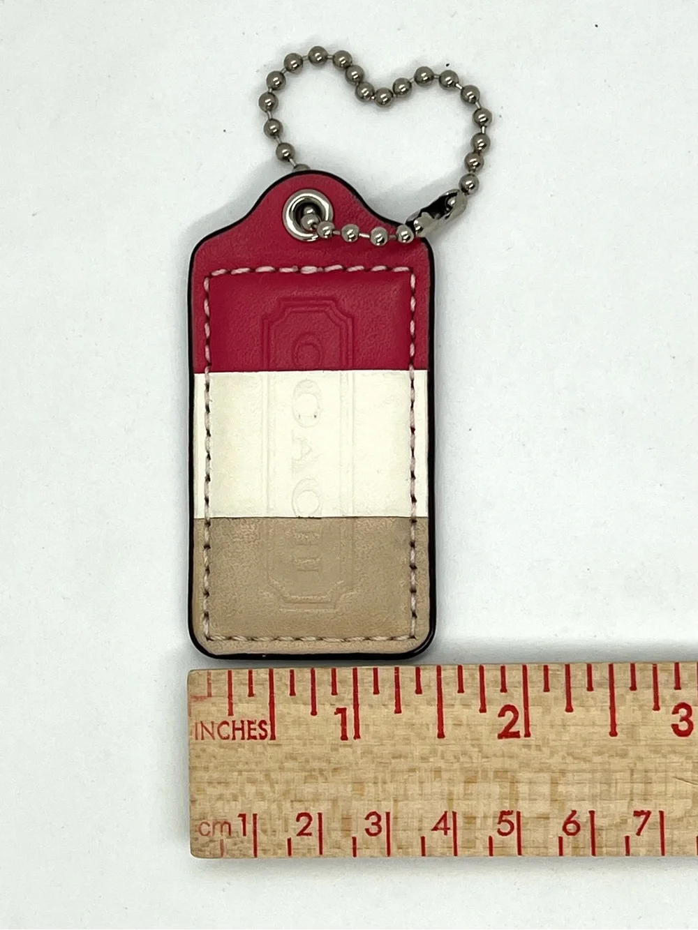 Coach Leather Hang Tag Keychain Charm Colorblock Dark Pink White Beige Bag Fob